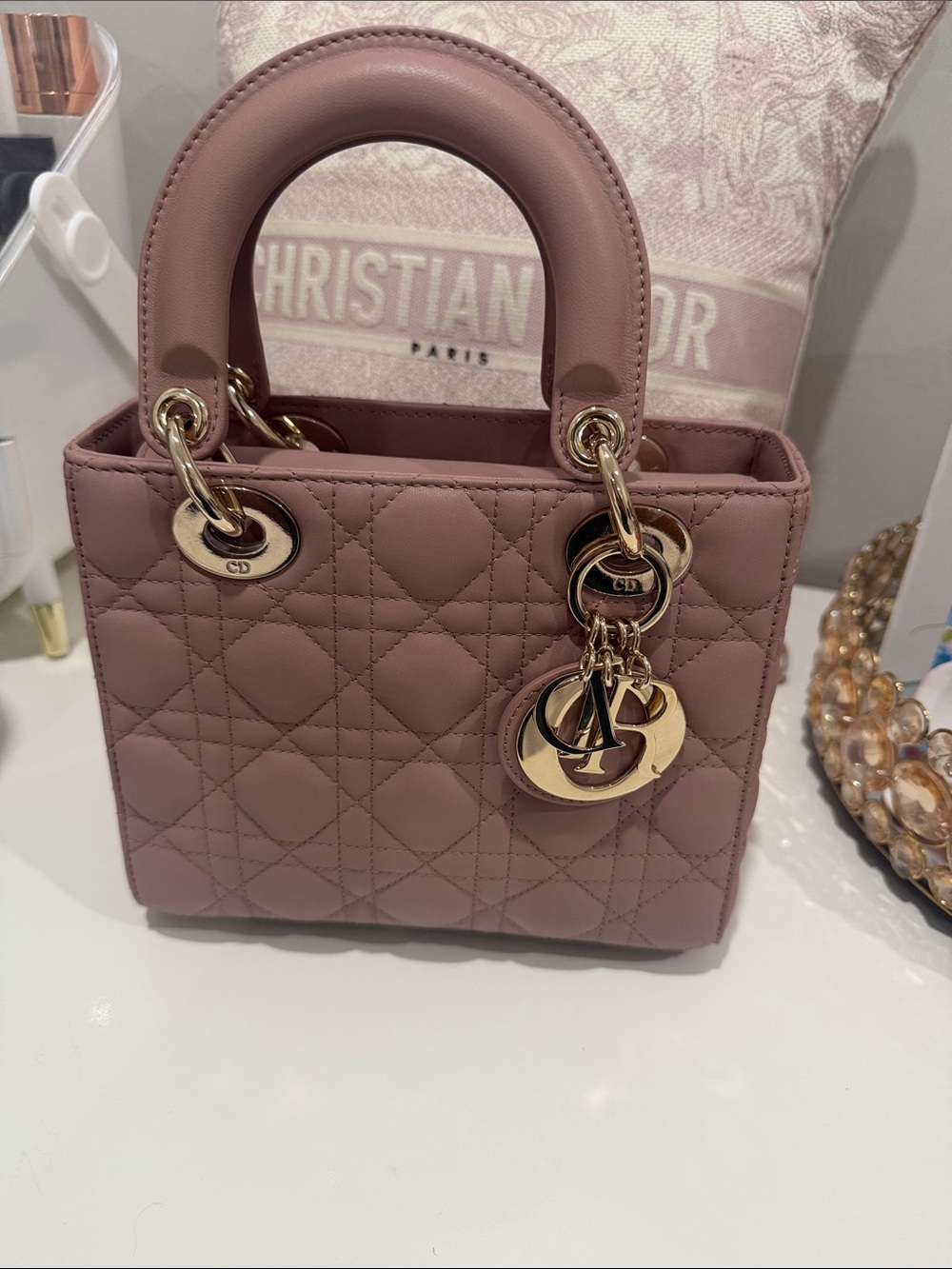 Dior Mini Lady Tote in Mauve Pink with Gold Hardware